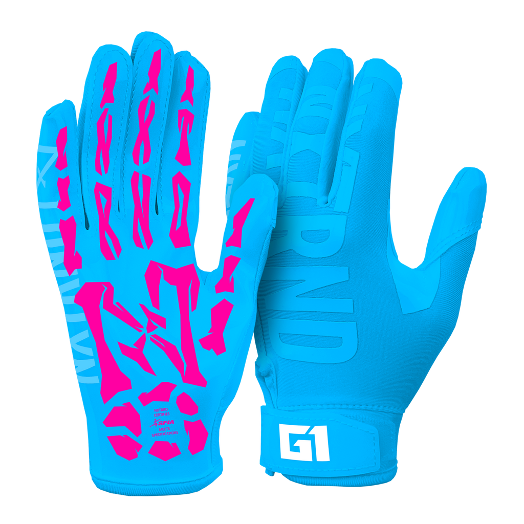 NXTRND G1® Youth Skeleton Football Gloves Neon Blue & Pink