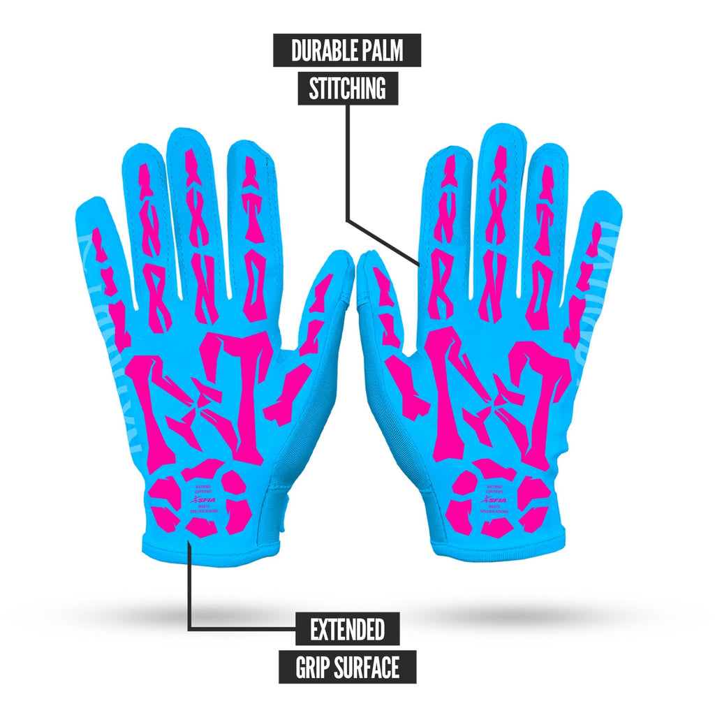 NXTRND G1® Youth Skeleton Football Gloves Neon Blue & Pink