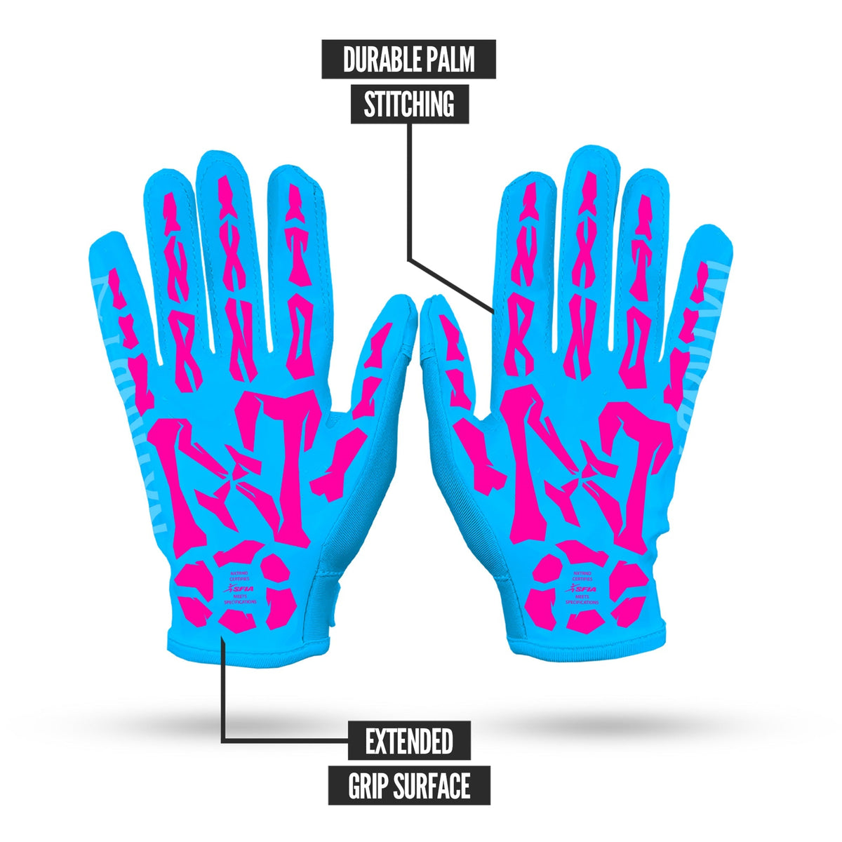 NXTRND G1® Youth Skeleton Football Gloves Neon Blue & Pink