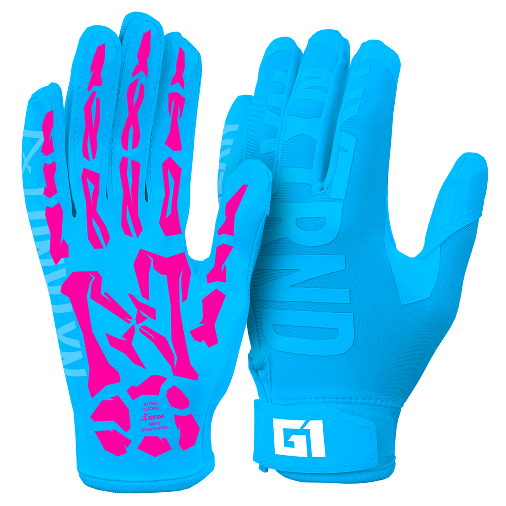 NXTRND G1® Youth Skeleton Football Gloves Neon Blue & Pink